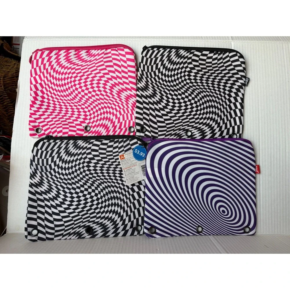Zipit Illusion 3 Ring Binder Pouch Set of 4 Pink Purple Black Checker Z3R-IL